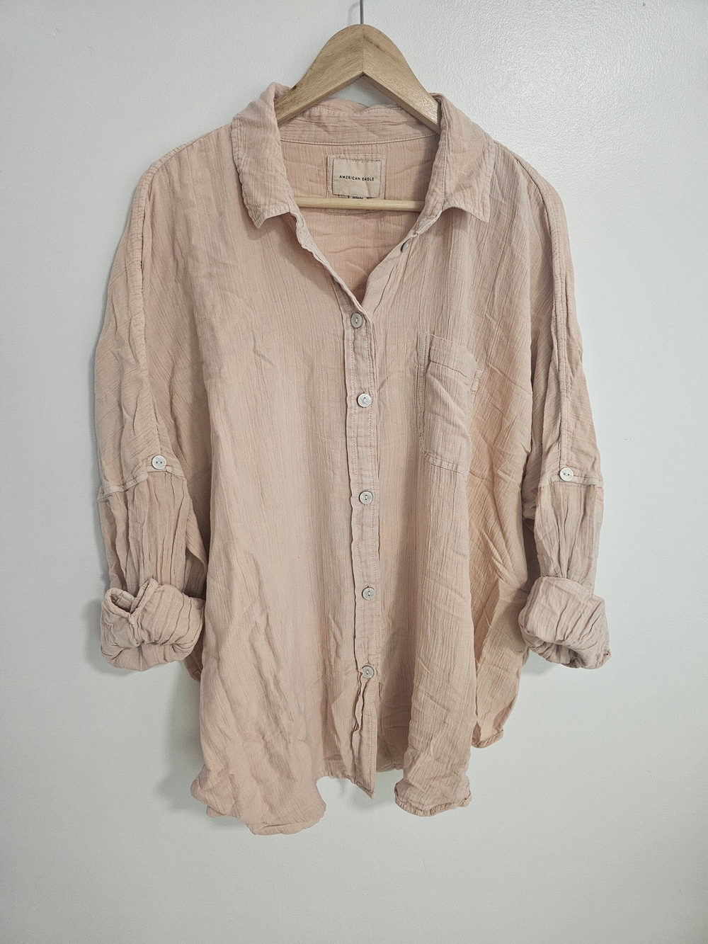 American Eagle Light Pink Oversized Button-Up Shirt Cotton Blend Size M